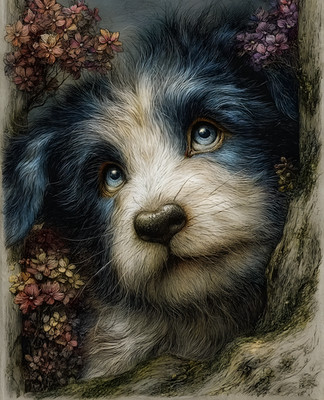 8x10 Cozy Storybook Dog Blue Face Flowers Around It Art Print - 112815639