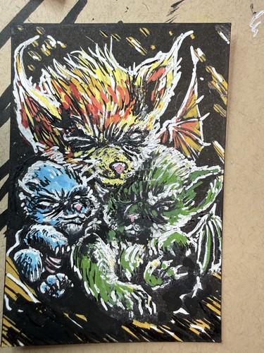 Original Cat Dragon And Kitten ACEO Art Fantasy Mixed Media Roger Ealth 2.5x3.5