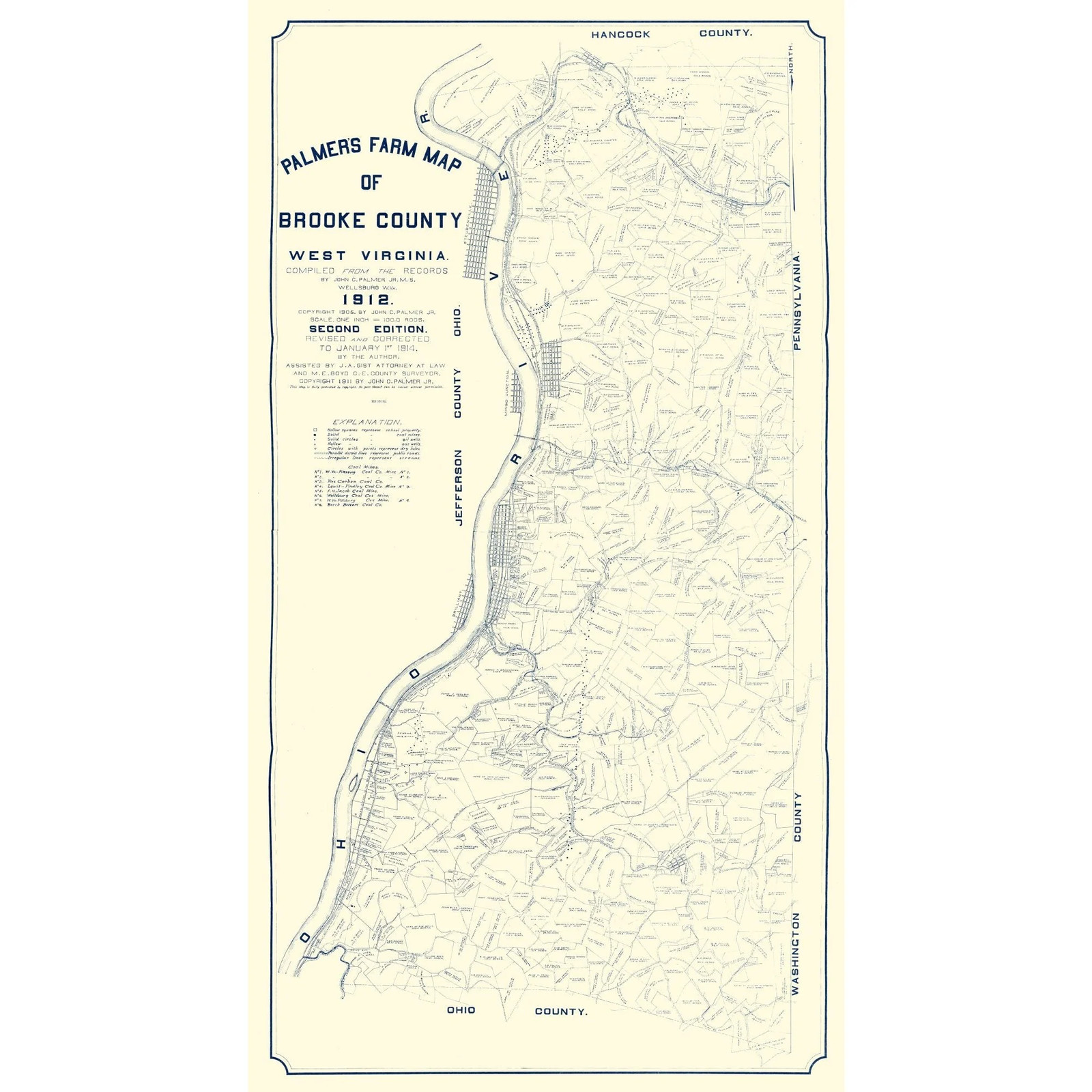 Historic County Map - Brooke County West Virginia - Palmer 1912 - Vintage Wall