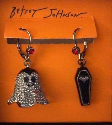 Betsey Johnson Ghost Vampire & Coffin Mismatch Drop Earrings Crystal Accents NWT