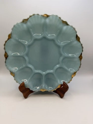 Vintage Anchor Hocking Fire King Delphite Blue Milk Glass Deviled Egg Dish