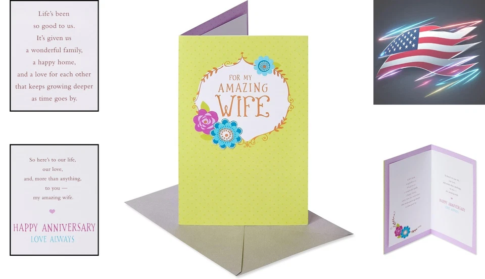 Tarjeta de aniversario de celebración para esposa - Diseño floral brillante y mensaje personal Foto 2 de 4