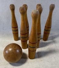Vintage Miniature Wood 7 Pin Toy Bowling Set Red Blue Stripes  Original Ball 