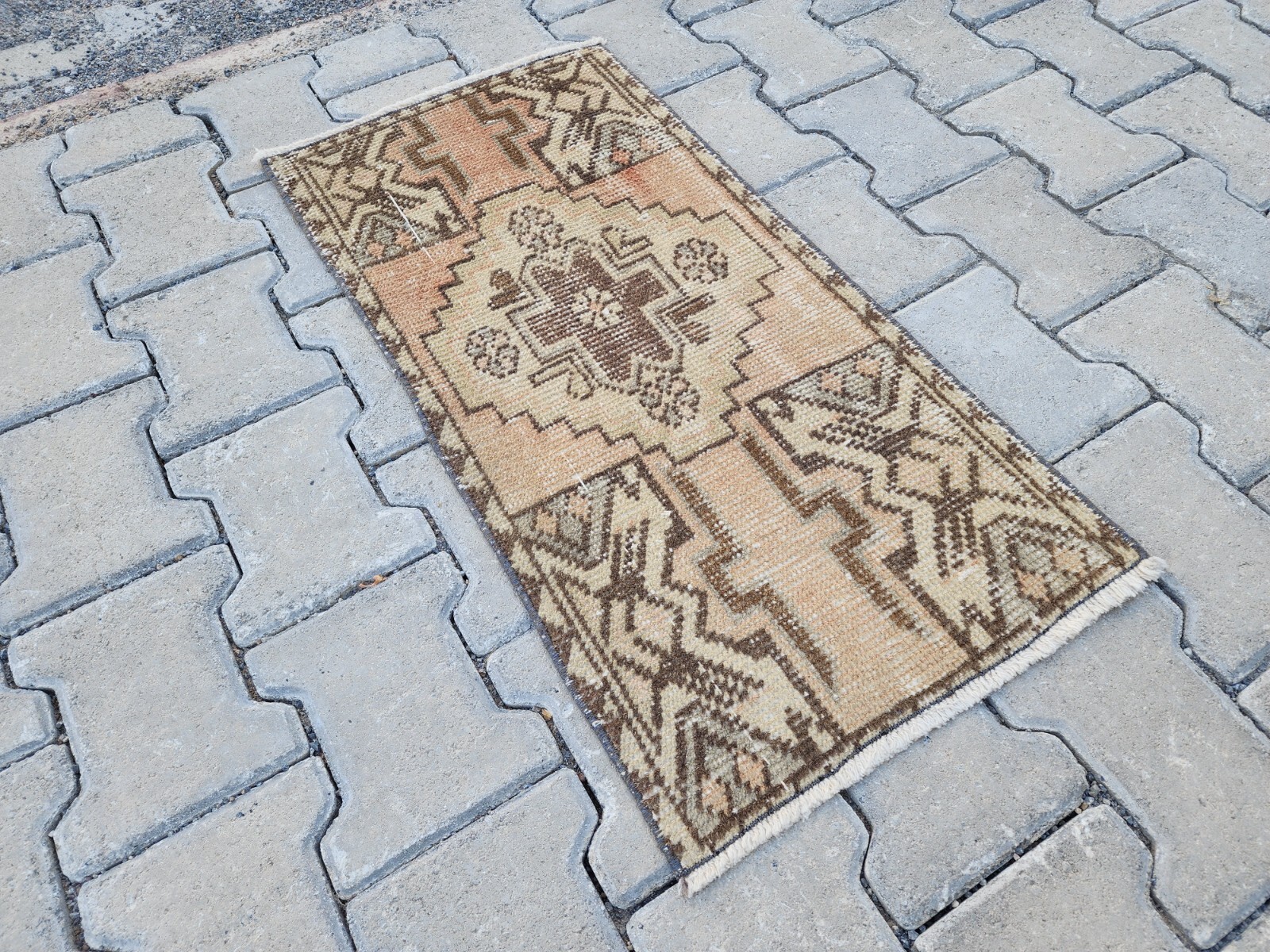 Mini Turkish Rug, 1.4x2.8 ft, Beige and Brown, Geometric Medallion Wool