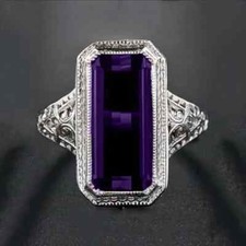 Elegant 925 Sterling Silver Rectangle Amethyst Wedding Engagement Ring Size 7