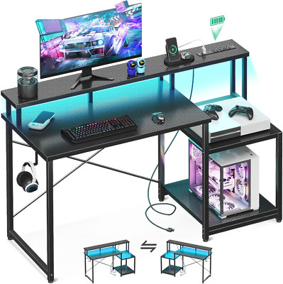 48'' Gaming Desk with LED Lights, Power Outlet & Printer Storage, Black
