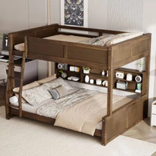 Twin XL Full XL Over Queen Wood Bunk Bed w/ Storage Cabinets Mattress Foundation