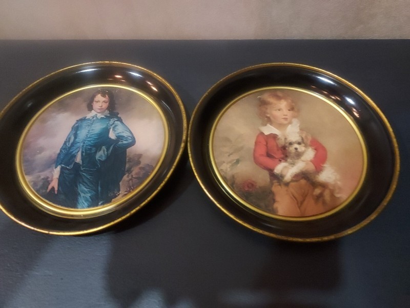 Vintage Blue Boy & Pinky Girl Metal Plate Art by Sir Thomas Gainsborough 8 1/4"