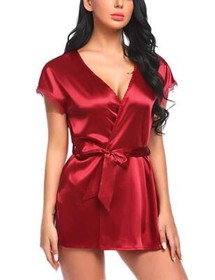 Women's Lace Trim Kimono Robe Nightwear Nightgown Sleepwear Satin Short Robe US