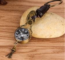 Elegant Bronze Keychain Pocket Watch with Roman Numerals Yellow/Black Glass