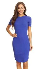 Women's short sleeve crew neck midi knee length bodycon ROYAL BL dress Sz MEDIUM