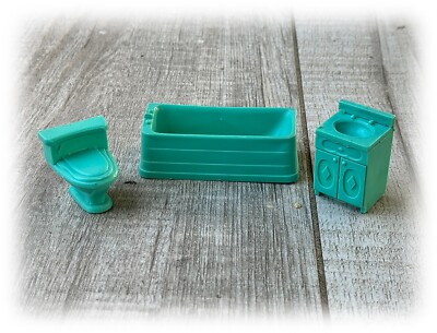 Vtg 1970s Dollhouse Aqua Bathroom Furniture 1:16 Bathtub Sink Toilet