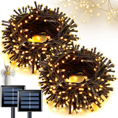 2 Pack Solar Lights Outdoor Waterproof: 200 LED 86Ft Solar Christmas Lights Warm