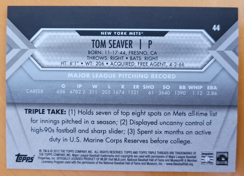 2012 TOPPS TRIPLE THREADS BASEBALL 44 TOM SEAVER METS - Image 2 of 2