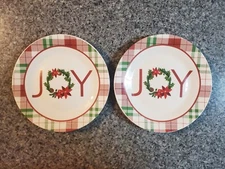 Set of 2 Royal Norfolk Holiday Plaid Lunch Plates 8" red & green JOY Christmas