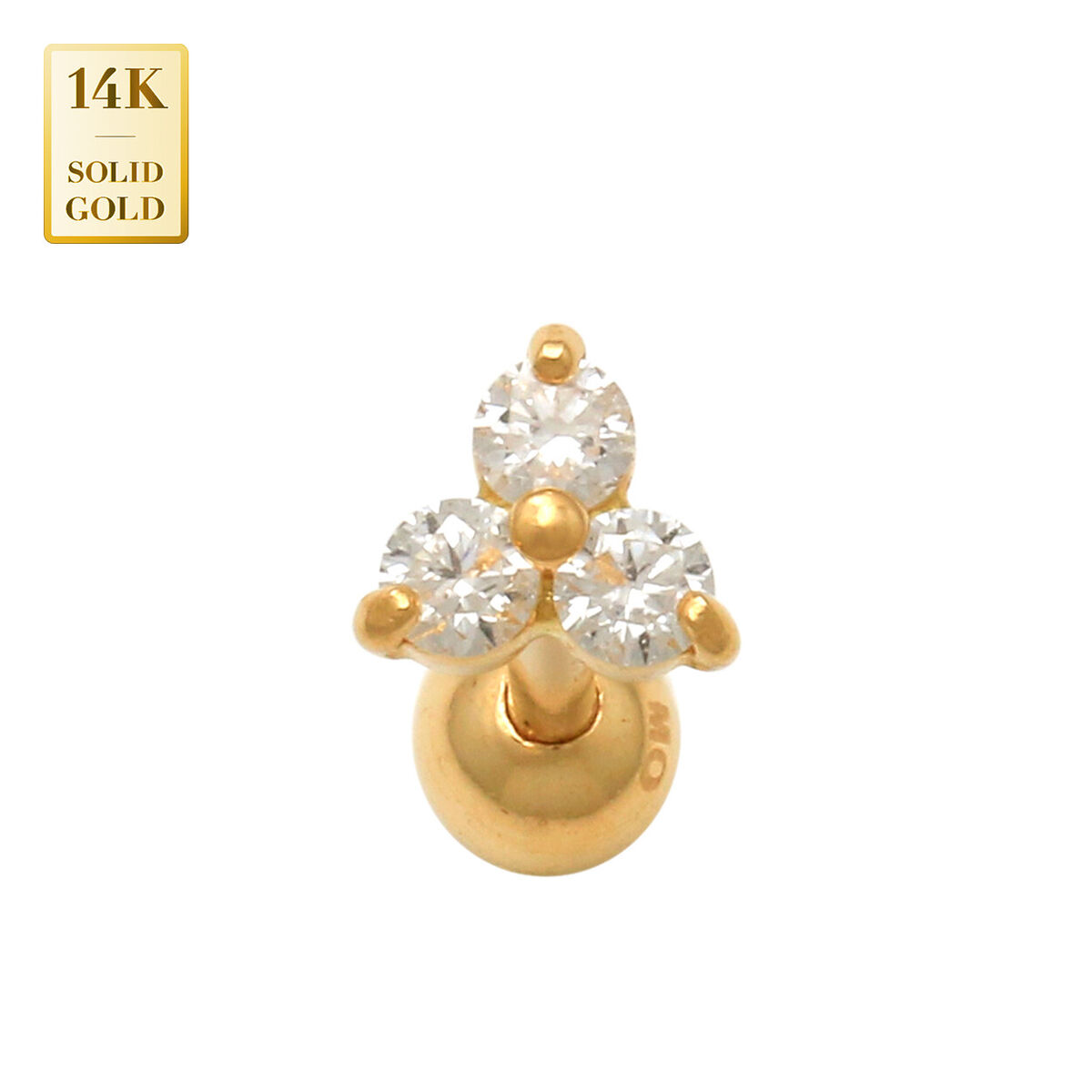 14K Solid Gold White Stone Triangle Tragus Piercing