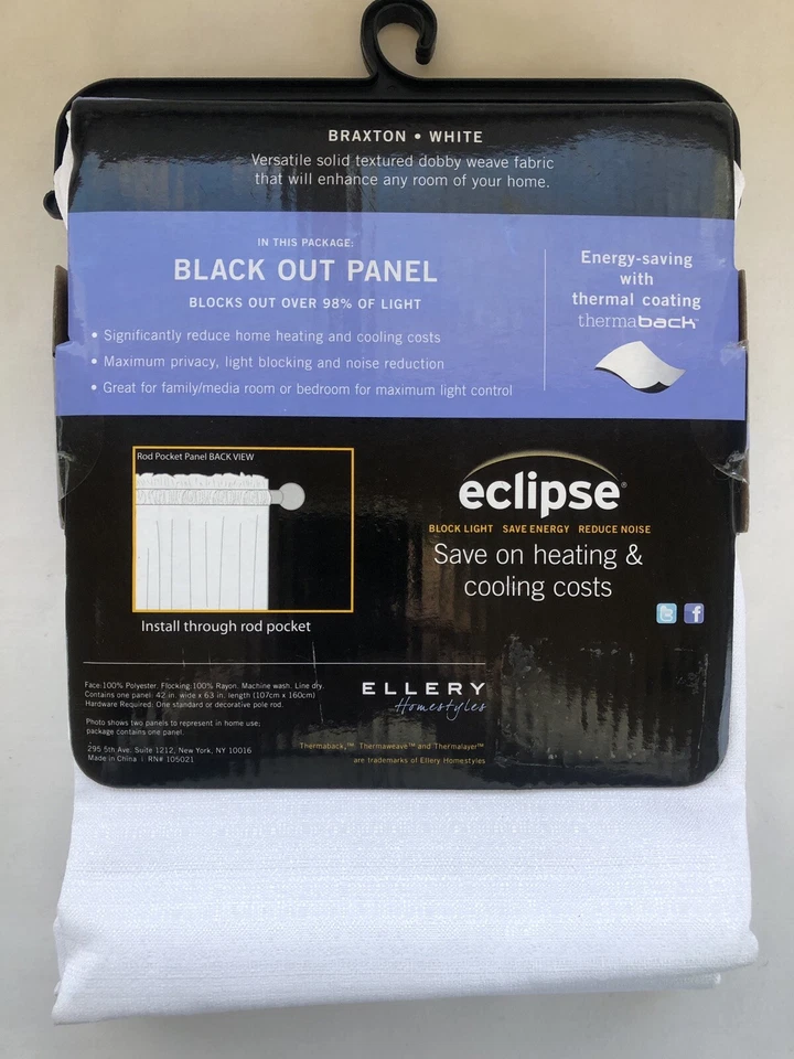 Eclipse Blackout Curtain Braxton White 63" x 42" Black Out Panel New - Image 3 of 4