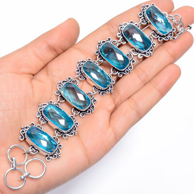 Lab-Created Sky Blue Topaz Gemstone 925 Silver Handmade Bracelet 6