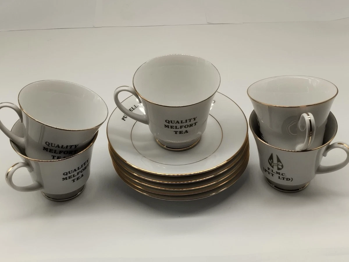 Service à Thé Vintage Gorbon Années 80 - Porcelaine Jaune Liseré Or - 6 Pièces