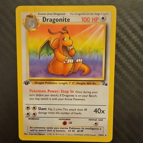 Pokémon Dragonite Fossil Rare 1st Edition 19/62 100 HP Stage 2 Regular English
