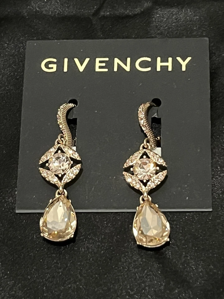 ✨Lindos Brincos GIVENCHY Champanhe Tom Dourado Cristal Gota Alavanca Traseira Vintage - Imagem 2 de 4