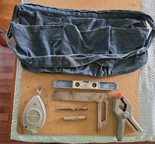 Vtg Carpenter Denim Nail Tool Pouch Chalk line level Stanley square Plumb bob Aa