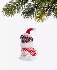 Pug w/Santa Hat Christmas ornament, Glass, Holiday Lane NWT