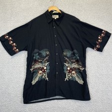 Vintage Campia Hawaiian Shirt Men's Large Black Floral Palm Tree Button Up Rayon