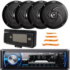 Pyle Single DIN Marine Bluetooth AM/FM Receiver w/Cover, 4x 8" 320W Speakers