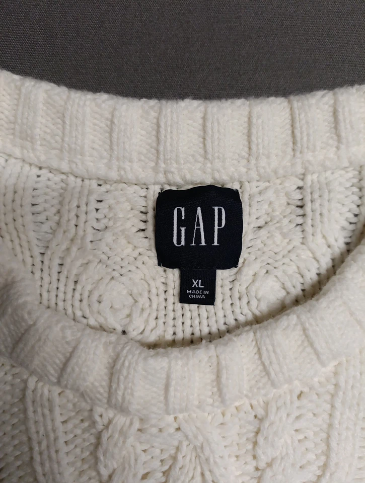 GAP Sweater Men's XL Ivory Cable Crew Knit Wool Blend Fisherman Mint 👌 - Image 4 of 4