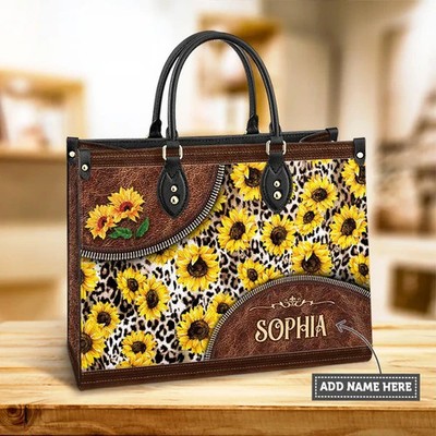 Personalized Hippie Flowers Leather Handbag, Hippie Sunflowers Leather Handbag