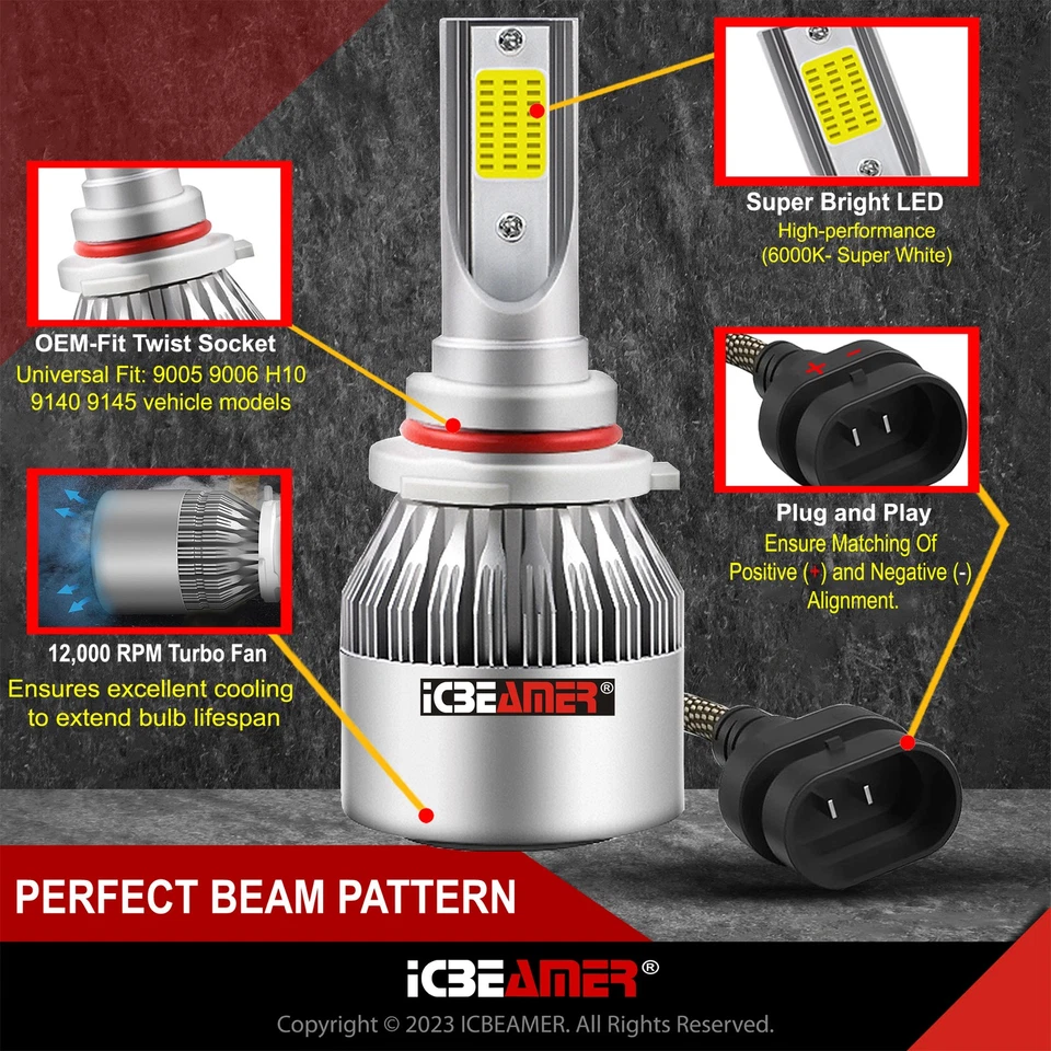 9005 HB3 LED COB Built In Harness Super White 6000K High Beam Light Bulbs J20 - Image 2 of 4