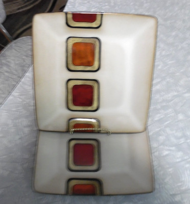 BELLA CASA GANZ 2 PC, SQUARE SALAD PLATES in RED & ORANGE SQUARE PATTERN