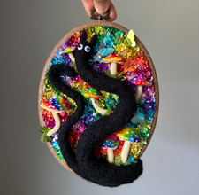 OOAK Embroidery Hoop Wall Art Rainbow Black Cat Sequins Beads Mushroom Anomelina