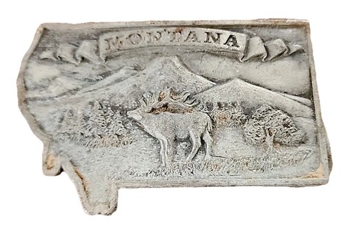 Hebilla de cinturón de colección 1978 Shape Of Montana State latón alce montañas bergamota latón - Imagen 1 de 8