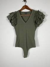 Express Ribbed Ruffle Sleeve Bodysuit   Olive Green Small