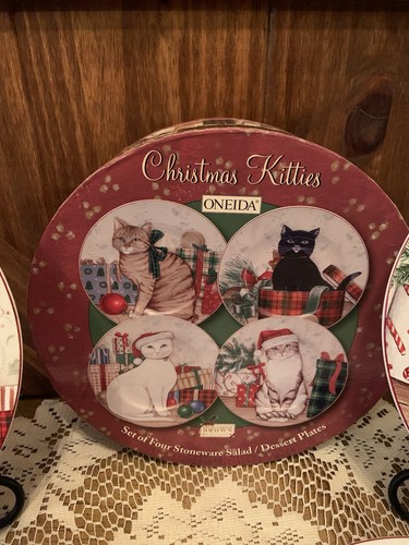 VINTAGE SET OF 4 ONEIDA'S STONEWARE "CHRISTMAS KITTIES" PLATES w/ BOX - Picture 6 of 7