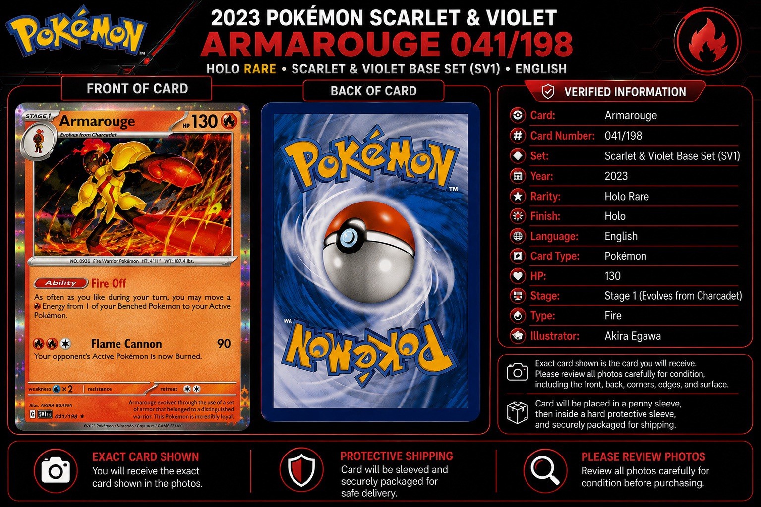 2023 Pokémon Armarouge 041/198 Scarlet & Violet Base Set Holo Rare English