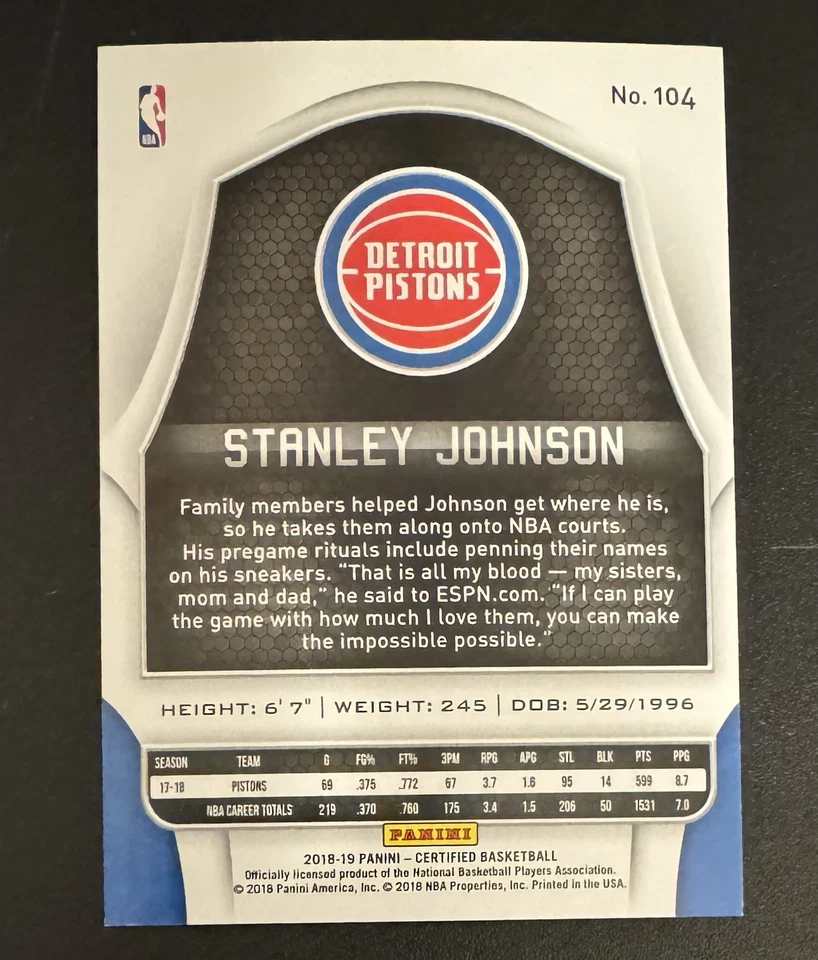 Stanley Johnson 2018-19 Panini Certified Mirror Red /299 #104 - Detroit Pistons - Image 2 of 2