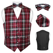Men's Plaid Design Dress Vest BOWTie Black BURGUNDY White BOW Tie Hanky Set