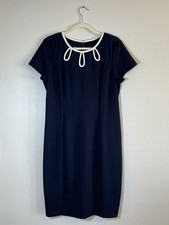 Talbots Dress 10 Navy Blue Ponte Knit Cream Cut Out Bodice Sheath Back Zip NWT