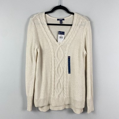 Chaps Cream Cable Knit Pullover Sweater Womens Large Gold Metallic Thread V Neck