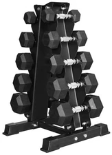 BalanceFrom 150LB Coated Hex Dumbbell Weight Set and A-Frame Storage Rack, 5-25