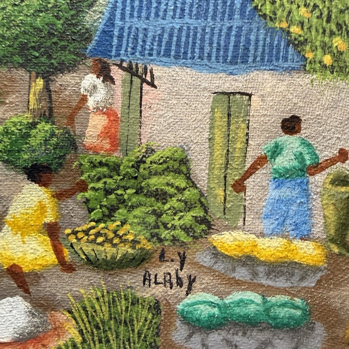 ハイチ絵画　Haitian art ハイチアンアート L Y Alaby画 Vintage L. Y. Alaby Signed Oil Painting Canvas Market Haitian