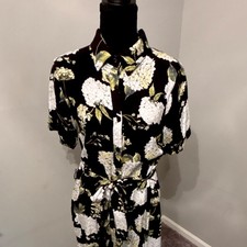 Cloth & Palette Black Floral Collared Button Front Tie Midi Shirt Dress size L