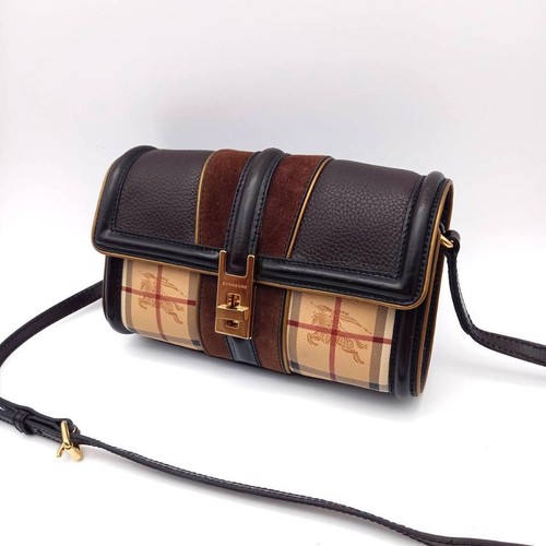 Burberry Haymarket Check Shoulder Bag Leather Canvas Women's Used Authentic