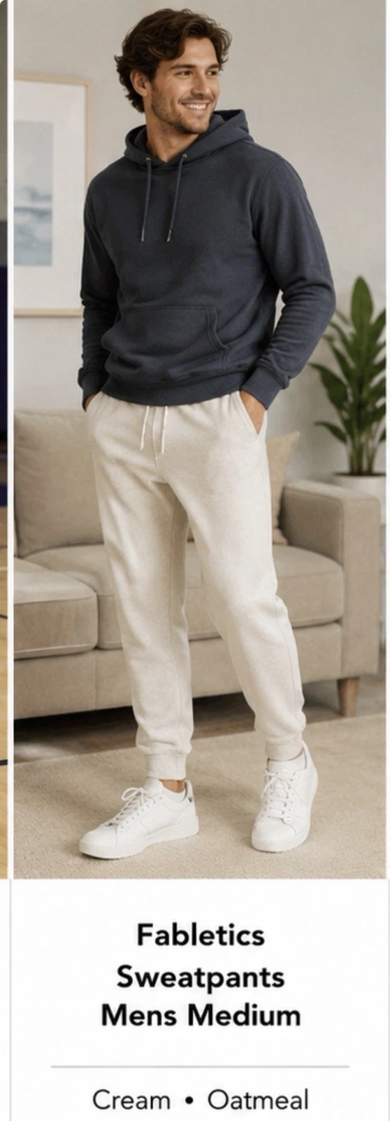 Fabletics Jogger Sweatpants Mens Medium Cream Oatmeal Drawstring Lounge