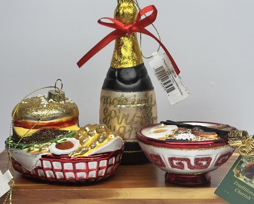 3 Glass Ornaments Hamburger Fries Basket Ramen Bowl Champagne Bottle Old World - Picture 5 of 15