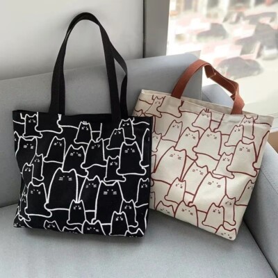 NEW CUTE CAT CANVAS TOTE SHOULDER BAG WITH ZIPPER KITTEN ALL OVER PRINT