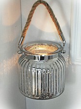 ❀ Teelichtglas m. Kordel z. Hängen Glas Bauernsilber 11cm Windlicht Silbern 374M